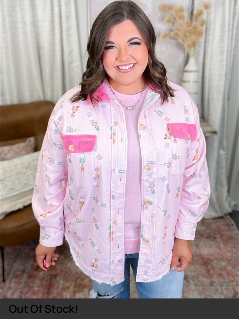 Peach Love- Pink Printed Nutcracker Shacket with pockets
